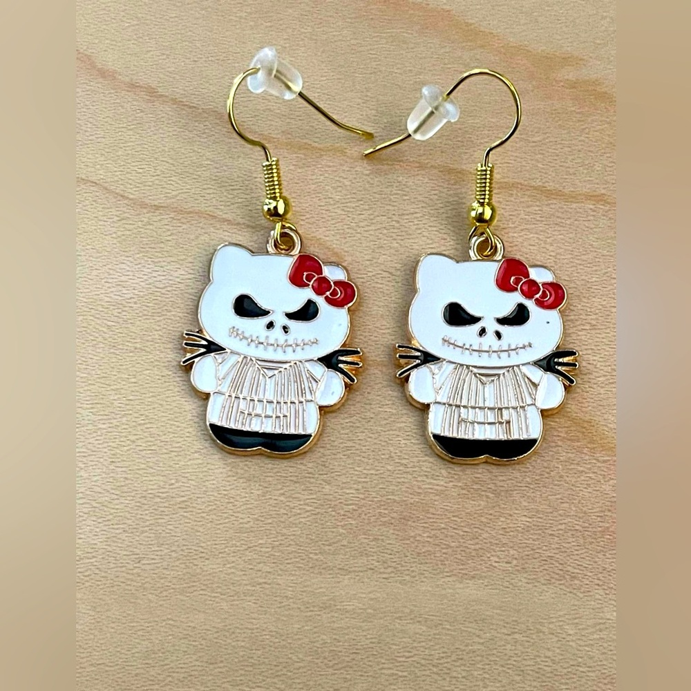 Halloween Jack Skeleton  Inspired  White Hello Kitty Handmade Earrings New